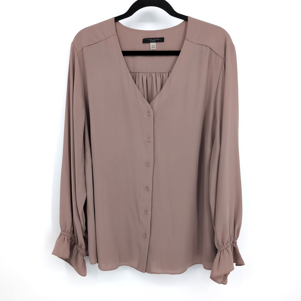 T Tahari Woman Blouse Brown V-Neck Button Front Ruffle Cuff Women's Size 3X